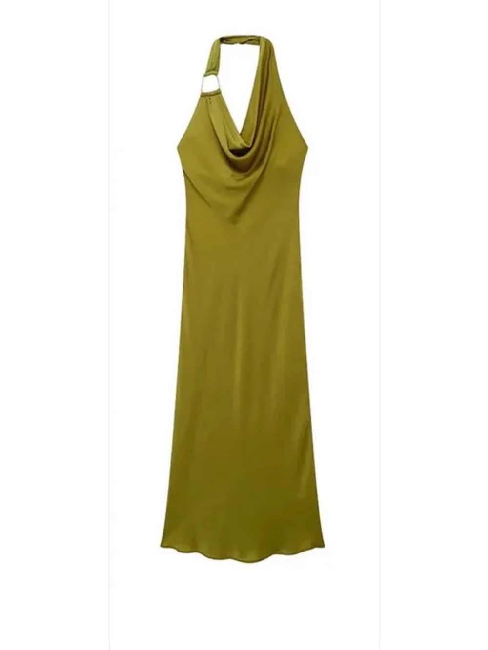 Zara Olive Halter Cowl Neck Maxi Dress with Brooch Detail